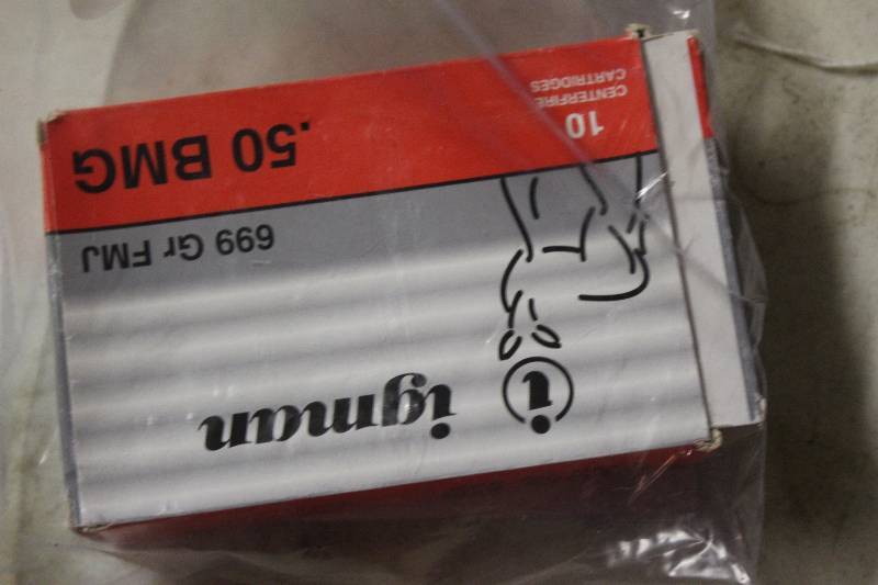 lot 49 image: Box Lot Of Igman 50 BMG 699 Gr. FMJ Ammo app. 10 rounds.
