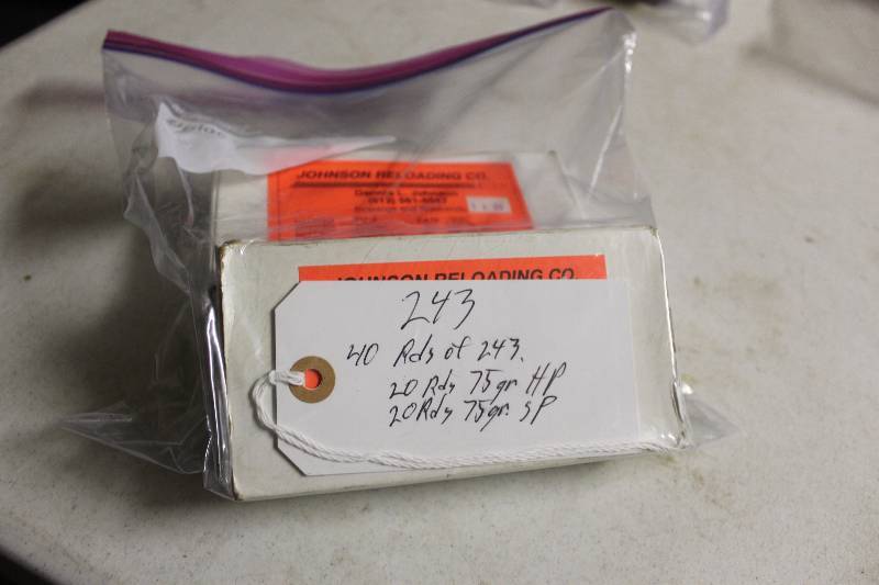 lot 89 image: Bag Lot of 243 Ammo 20 rds 75 Grain HP 20 rds of 75 Gr. SP.