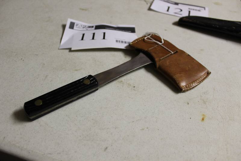 lot 111 image: Light Weight CampterHunter Hatchet wLeather Sheath.