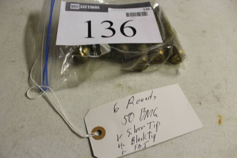 lot 136 image: Bag of 50 BMG Rounds app. 6 ct Silver Tip, Black Tip, FMJ.