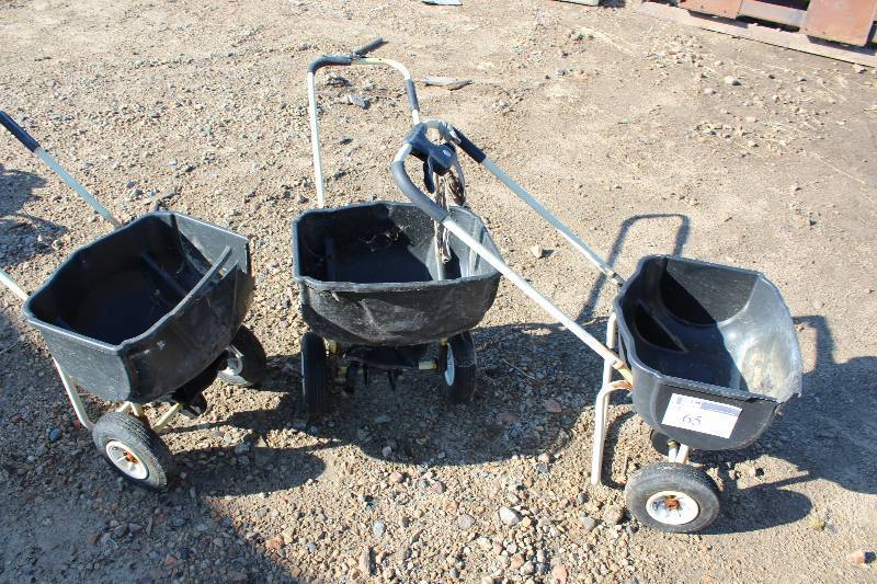 Lot of (3) Lawn Seeder wBucket, Push Handle & Wheels.