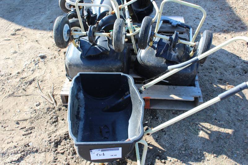 Lot of (3) Lawn Seeder wBucket, Push Handle & Wheels.