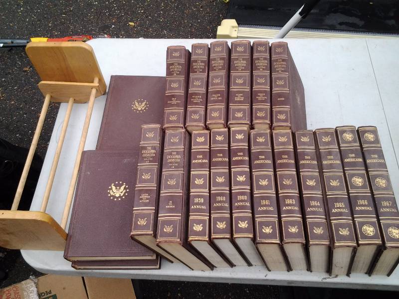 lot 63 image: Vintage Encyclopedias From 50s & 60s, Wood Book Rack
