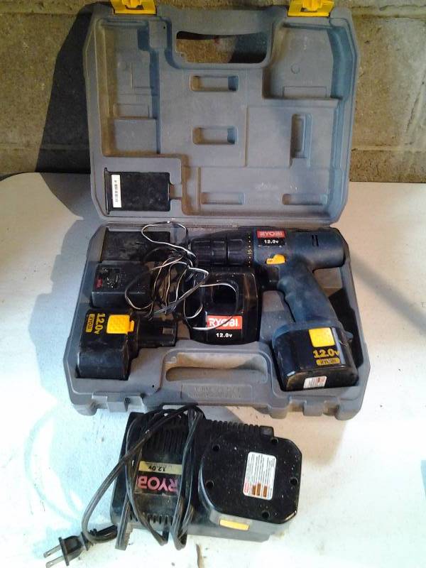 lot 64 image: Ryobi 12V Drill, 2-Batteries, 2-Chargers