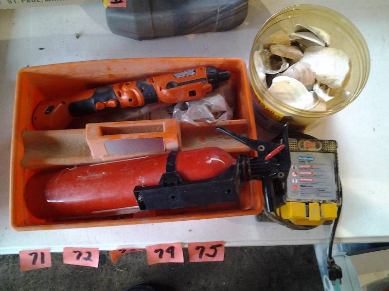 lot 71 image: Tool Caddy Of Misc-Fire Extinguisher, Knife Sharpener, More