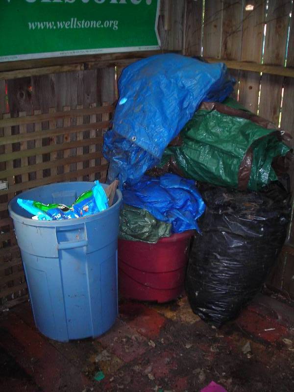 lot 128 image: Large Lot Of Assorted Tarps, Garbage Cans, Potting Soil