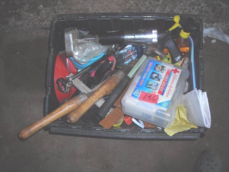 lot 146 image: Tub Of Hand Tools, Hardware, 22 Cal. Stud Gun, Hammers, More