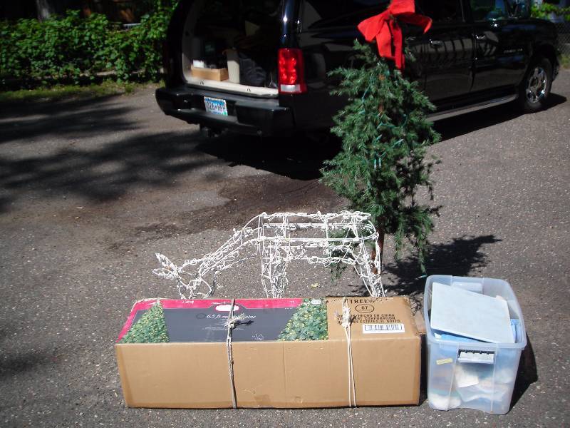 lot 175 image: 2-Christmas Trees, Lighted Reindeer, Tote Of Misc