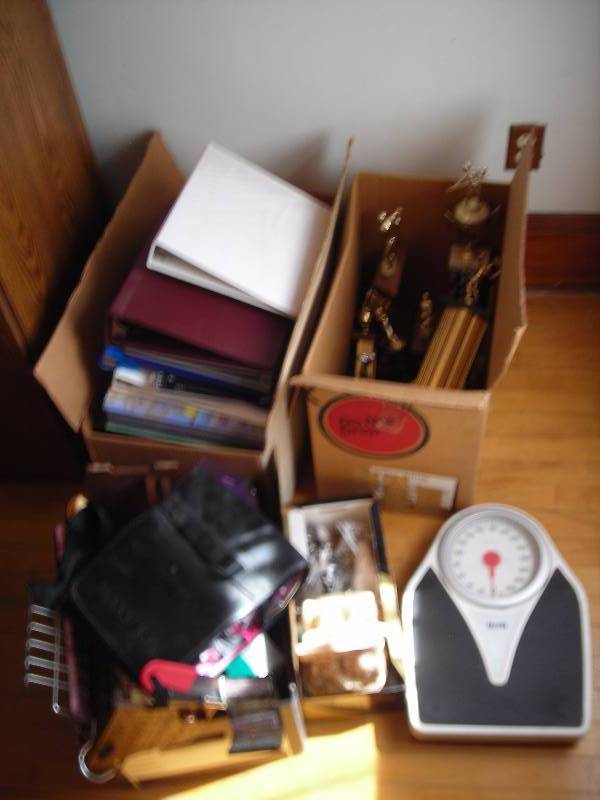 lot 198 image: 3-Ring Binders, Old Scale, Closet Organizers, Golf Shoes, Trophies