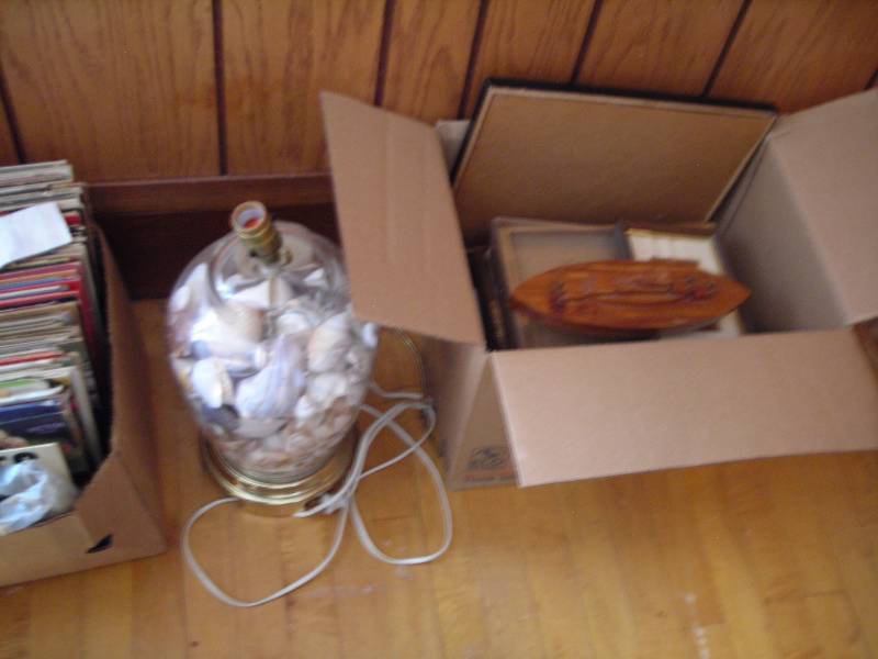 lot 200 image: Lamp With Sea Shells, Box Of Picture Frames, Old Wood Ship Cribbage Board