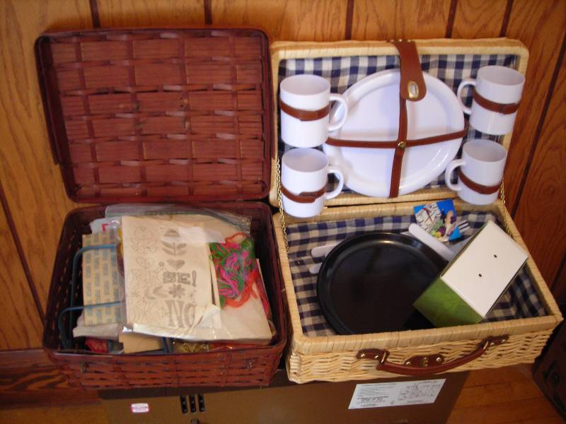 lot 201 image: Sewing Basket With Notions, Picnic Basket Set