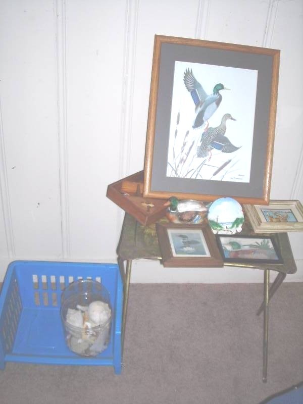 lot 214 image: Lot Of Duck & Loon Pictures, TV Tray, Bin Of Sea Shells, Misc