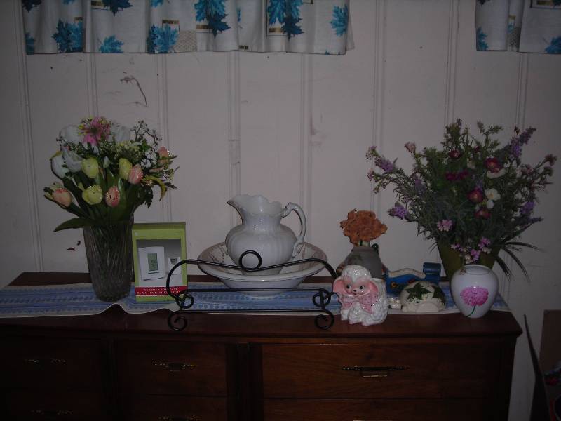 lot 224 image: Floral, Vases, Bowl & Pitcher, Items On Top Of Buffet