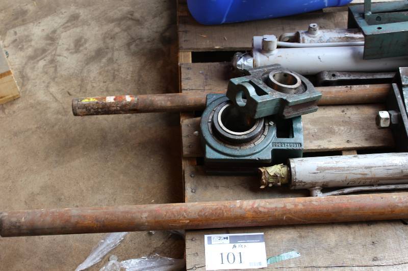 Pallet Lot of Hydraulic Cylinders, Hanger Bearings with Steel Flanges and Custom Steel Brackets with Hardware.