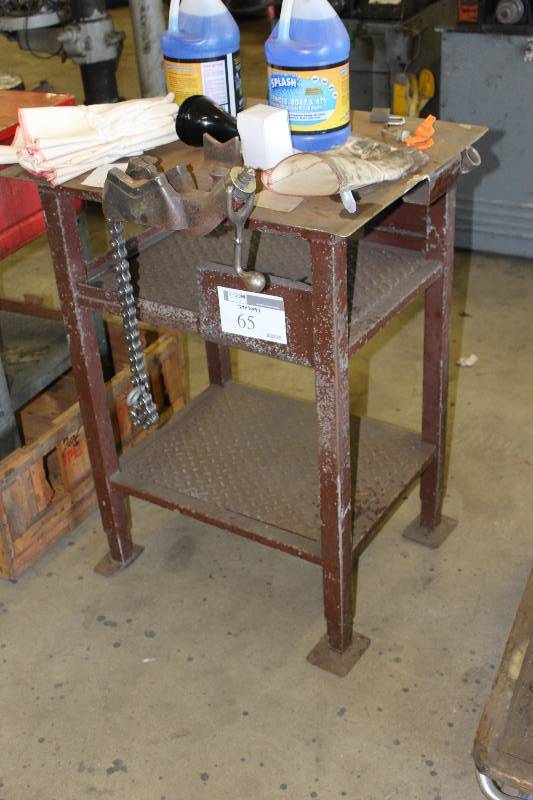lot 65 image: Metal Table w2 Lower Shelves Heavy-Duty Includes Contents Chain wAttachment Splash Bottles (2) And More 29 x 30 x 43.