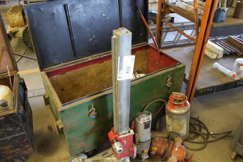 lot 69 image: Floor Lot Including Crate wLocking Top Lid Milwaukee Dymodrill Extension Cords And More.