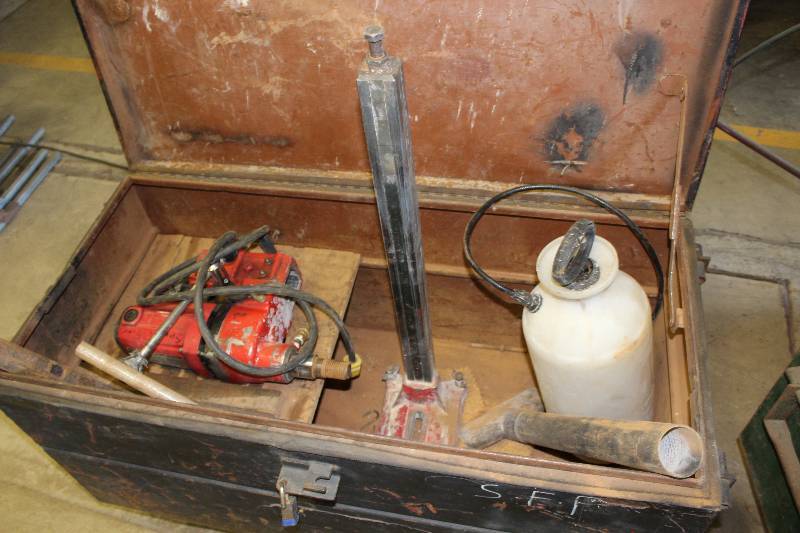lot 69B image: Floor Lot Including Crate wLocking Top Lid Ridgid RB-206 Core Drilling Machine Sprayer Bucket wHose And More.