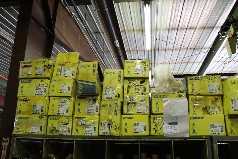 lot 120 image: Top Shelf Lot of Boxed Caddy Hardware Including Side Mt. Strap Two Hole Strap Stand-Off Two Hole Strap, 1.5 And More See Info Sheet In Photos For Additional Information.