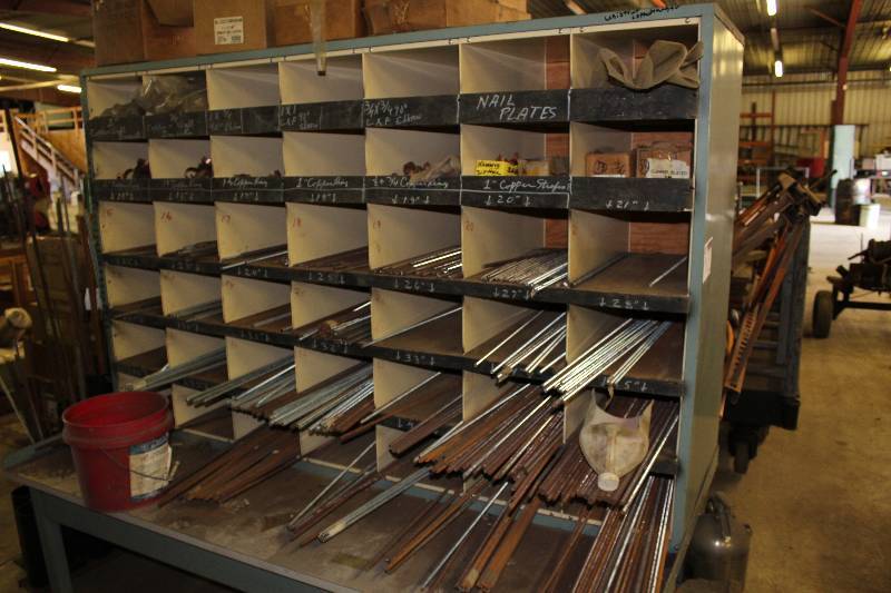 lot 117 image: Storage Shelf wMultiple Compartments & Contents Nail Plates Copper Rings Copper Wall Inserts And More 81.5 x 43 x 75.