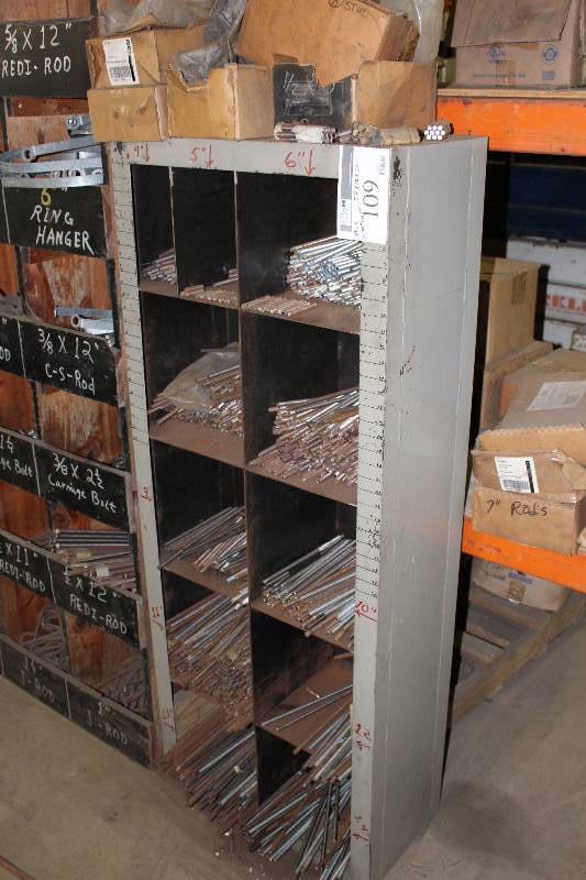 lot 109 image: Storage Shelf wMultiple Compartments & Contents 4, 5 & 6 Metal Bars 20 x 12 x 60.