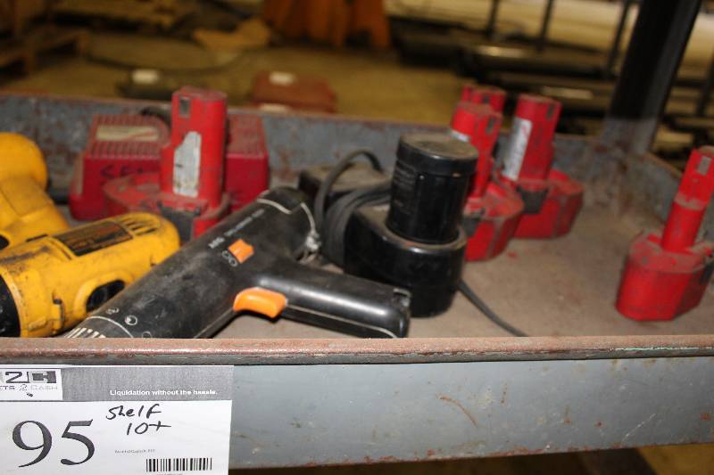 lot 95 image: Shelf Lot Including Dewalt Power Drill AEG Drill Miscellaneous Power Tool Batteries & Chargers.