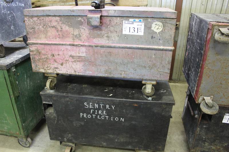 lot 131 image: Lot of (2) Metal Tool Boxes wLid & Wheels 22 x 42 x 26 21 x 43 x 29.5.