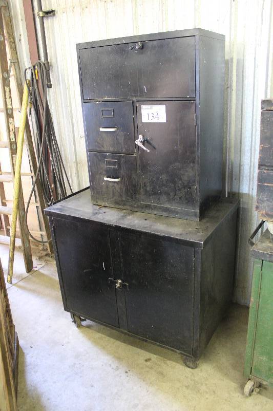 lot 134 image: Lot of (2) Including Metal Tool Box wWheels & Double Doors Filing Cabinet wMultiple Compartments 16 x 29 x 38 26 x 44 x 35.5.