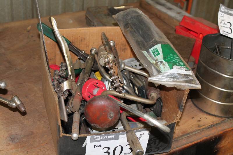 lot 303 image: Box Lot of Tools Including Caulk Gun Manual Drill Levels (2) And More.
