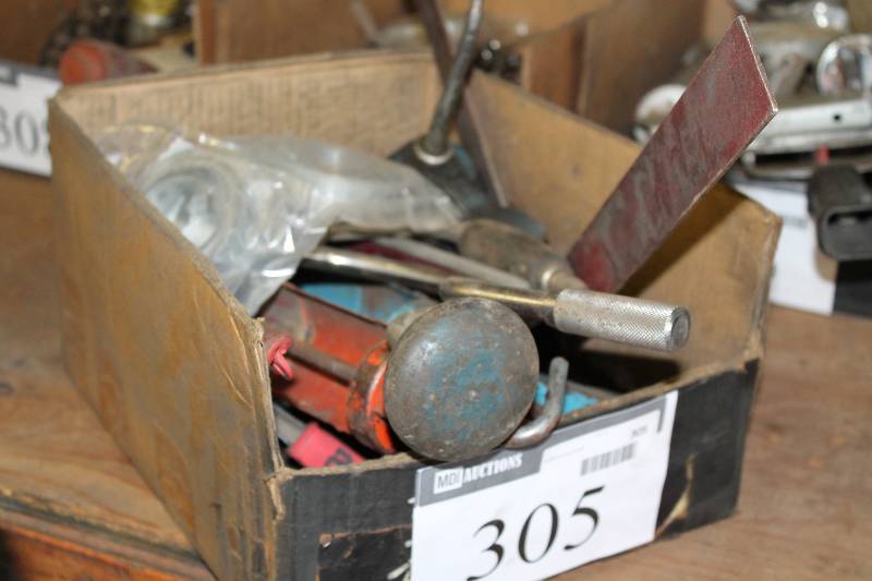 lot 305 image: Box Lot of Tools Including Caulk Gun Manual Drill Adjustable Wrenches (2) And More.
