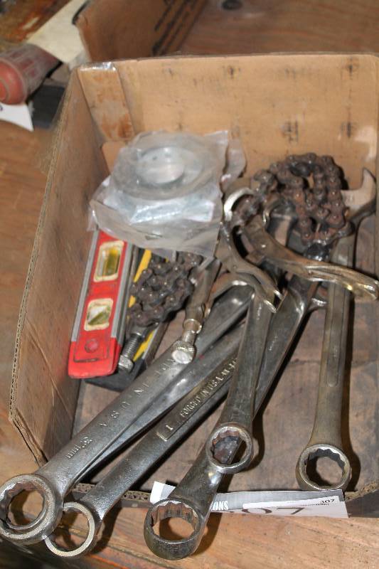 lot 307 image: Box Lot of Tools Including Wrenches (6) Chain And More.