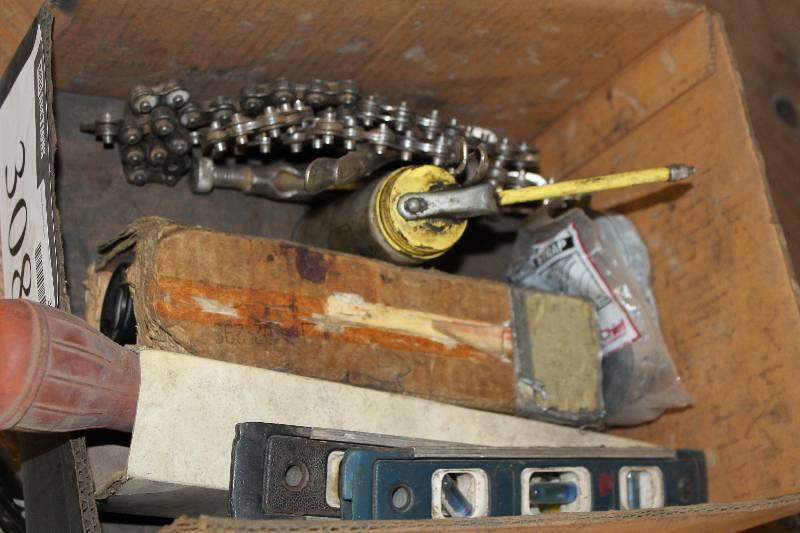 lot 308 image: Box Lot of Tools Including Chain Levels (2) Baster Style Thermometer And More.