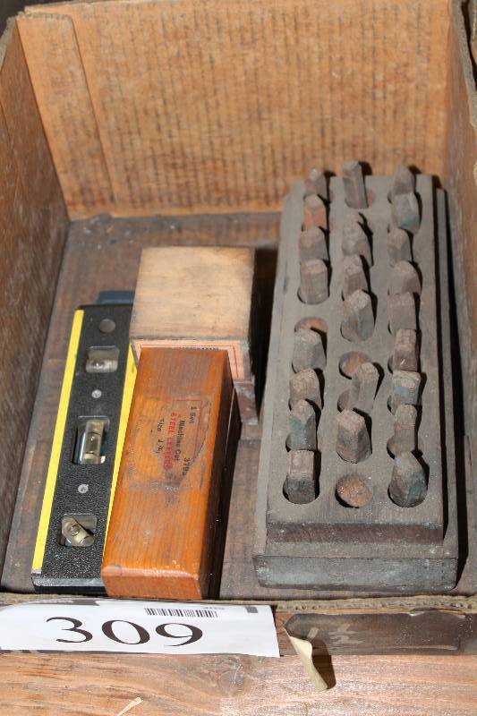 lot 309 image: Box Lot of Tools Including Machine Cut Steel Figures, Size 18 Machine Cut Steel Letters Size 18 Levels (2) And More.