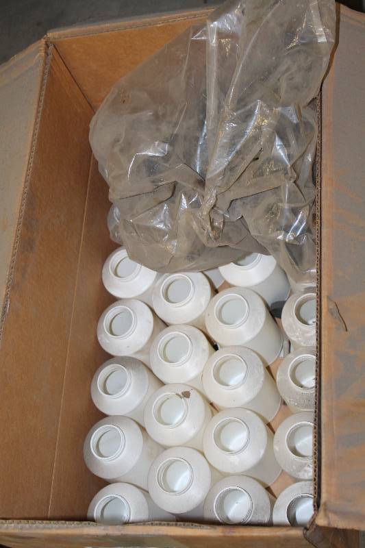 lot 312 image: Box Lot Of Plastic Bottles wPaint Brush Caps app. 55 ct.