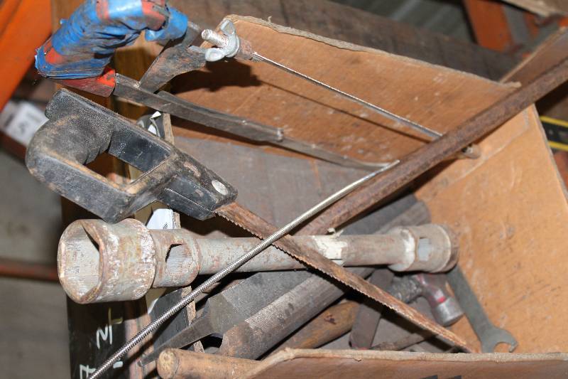 lot 319 image: Box Lot Including Hack Saw Hand Saw Hammer And More.