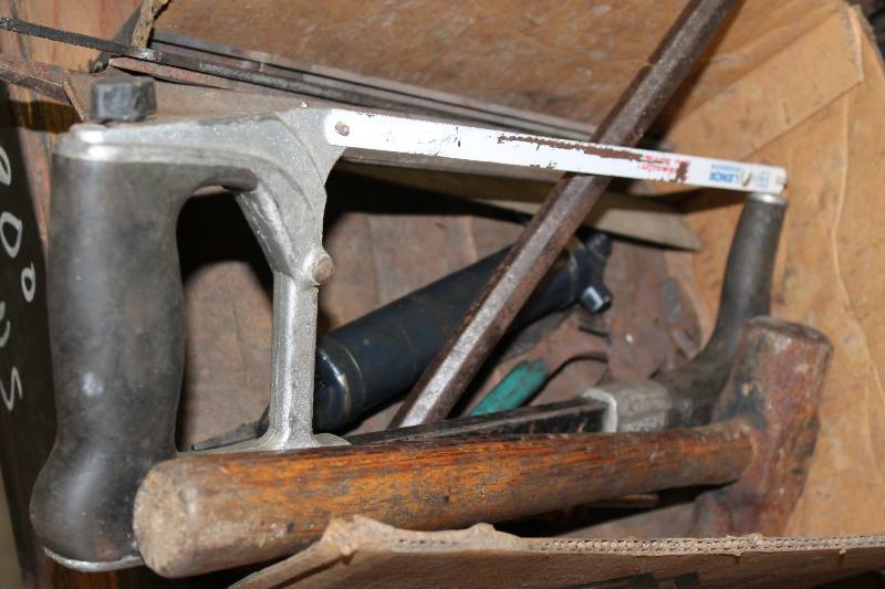 lot 321 image: Box Lot of Tools Including Pry Bar Hack Saw Hammer And More.