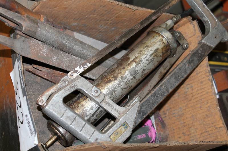 lot 322 image: Box Lot of Tools Including Grease Pump Hack Saw Hammer Metal Files And More.