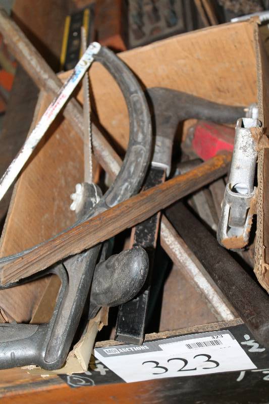 lot 323 image: Box Lot Including Bowed Hack Saw Hand Saw Hammer Crescent Wrench And More.
