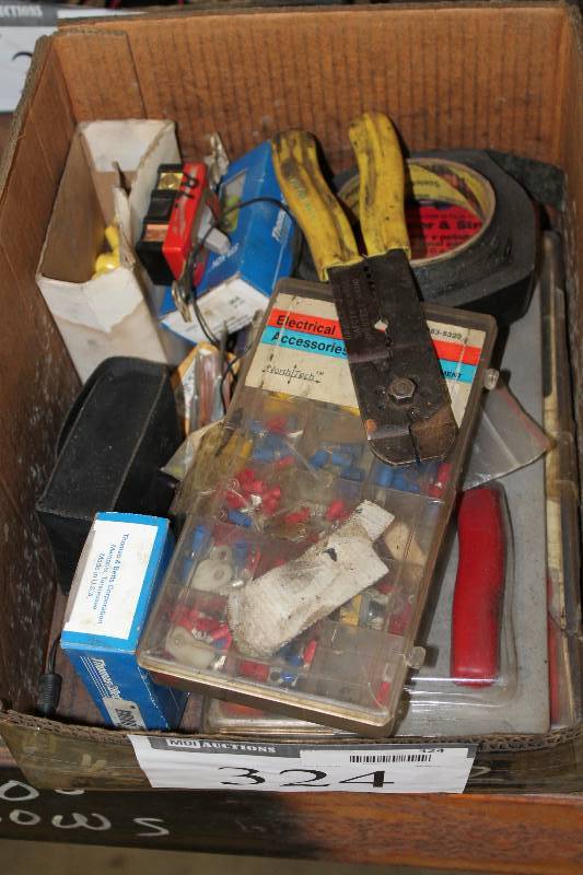 lot 324 image: Box Lot Inclouding 300 Piece Terminal Assortment Wire Cutters, app 4 ct Screw Driver And More.