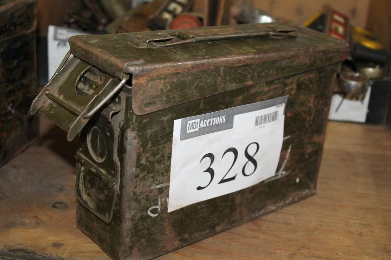 lot 328 image: Ammo Can Lot Including Circular Drill Bits Ammo Can wLid.