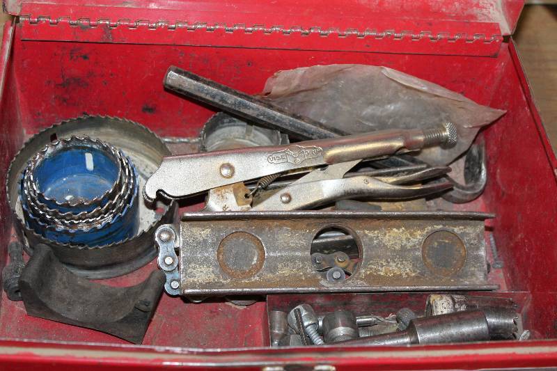 lot 333 image: Milwaukee Tool Box Lot Including Metal Hand Vise Circular Drill Bits Milwaukee Metal Tool Box Screws And More.