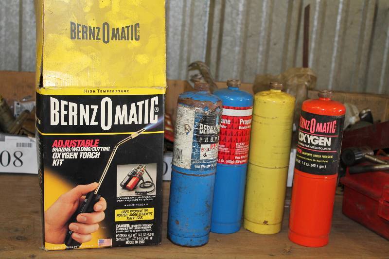 lot 337 image: Torch Kit Lot of (6 Including Gas Canisters, Oxygen (1), Mapp (1), Propane (2) Bernzomatic Torch wHose Extension Fire Starter.