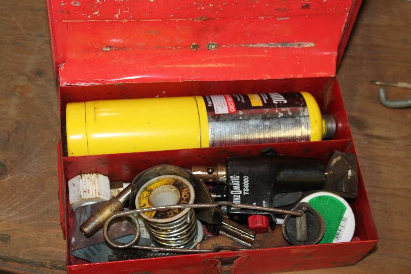 lot 338 image: Torch Kit Including Bernzomatic Map Gas Can & Torch Attachment Fire Starter Wire Brush Metal Container wLid & Compartments And More.