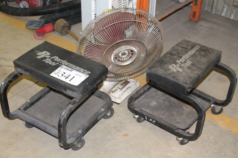 lot 341 image: Lot of (3) Fan wProtective Encasement Perforamnce Tool Bench Seats wLower Shelf & Wheels.