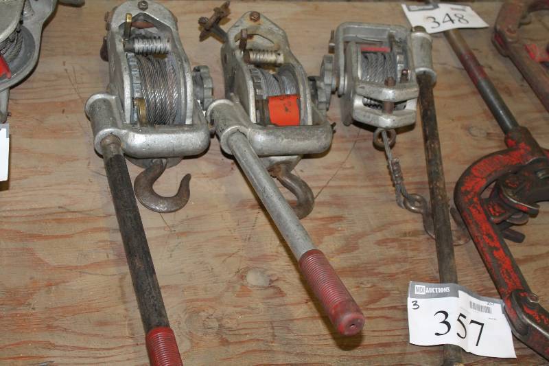 lot 357 image: Lot of (3) Manual Ratchet Puller wHandles & Hook Attachments.