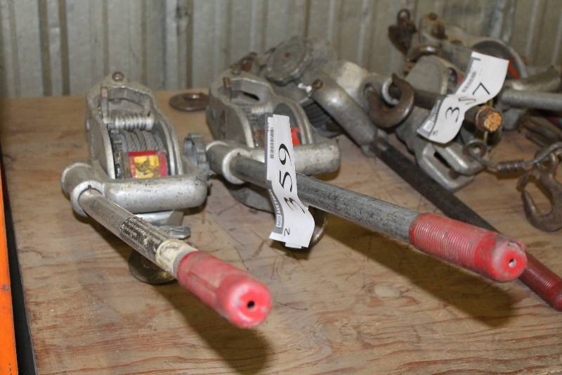 lot 359 image: Lot of (2) Manual Ratchet Puller wHandles & Hook Attachments.