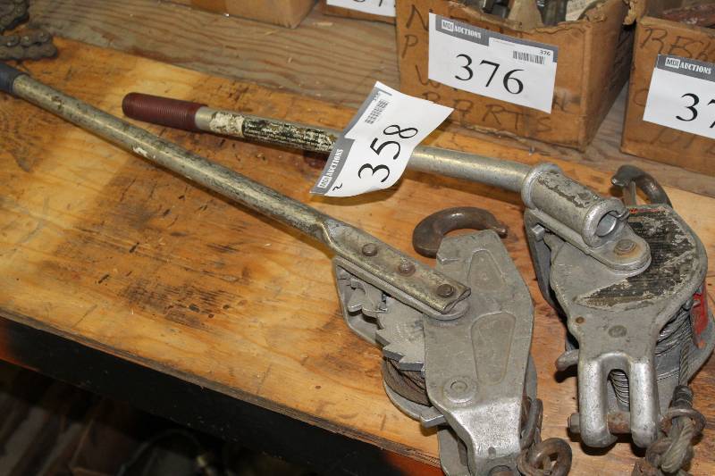 lot 358 image: Lot of (2) Manual Ratchet Puller wHandles & Hook Attachments.