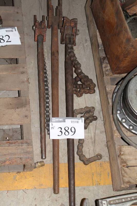 lot 389 image: Lot of (3) Including J.H. Williams Vulcan Chain Wrench Miscellaneous Chain Wrenches (2).