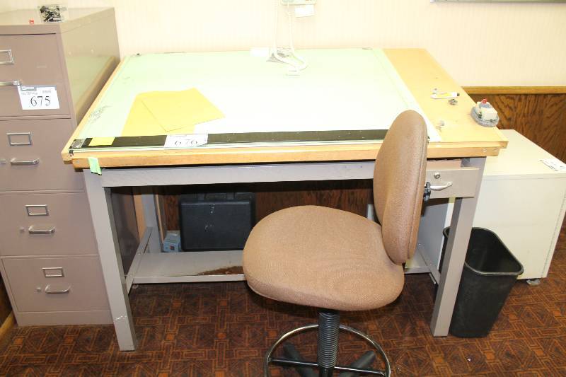 lot 676 image: Work Desk wLower Shelf & Drawer Includes Contents & Chair 39 x 60 x 43.
