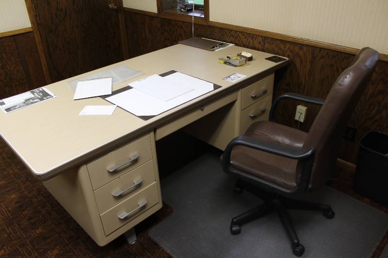 lot 674 image: Office Desk wMultiple Drawers Includes Chairs (2) & Contents 36 x 72 x 28.5.