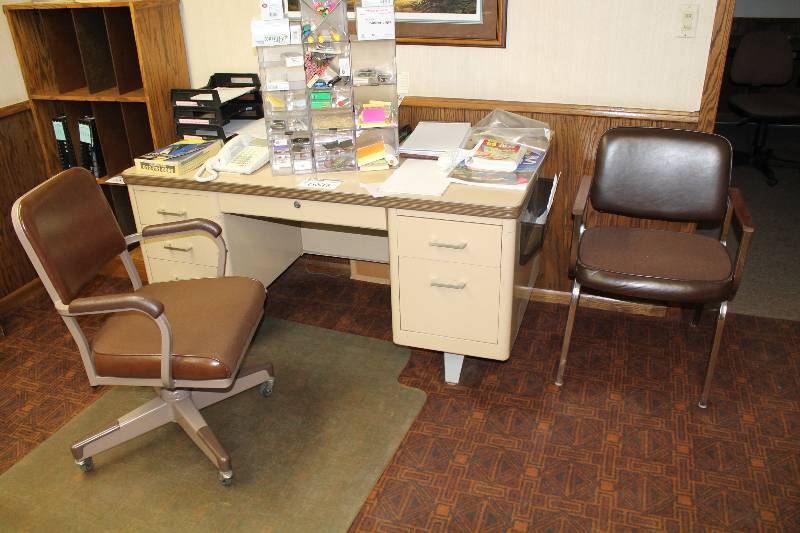 lot 680 image: Office Desk wMultiple Drawers Includes Chairs (2) & Contents 60 x 30 x 28.5.